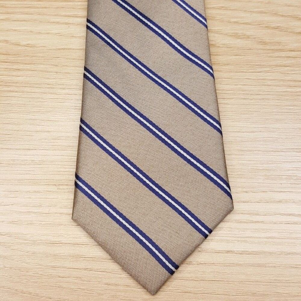 NAUTICA Mens Neck Tie Tan Blue Diagonal Stripe 100% Silk Classic Preppy Necktie